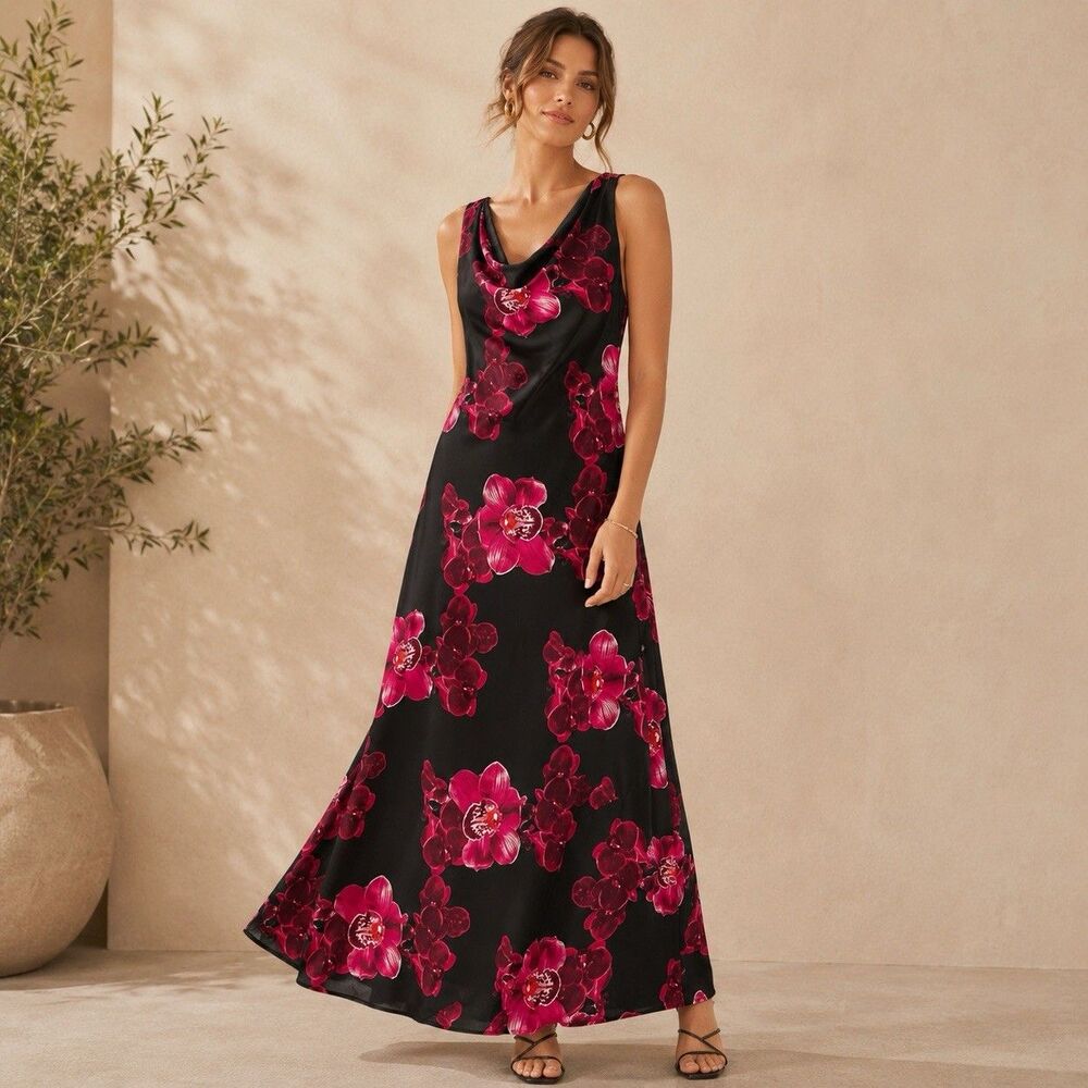 Paper Heart Anthropologie Floral Maxi Dress size S Navy Magenta Cowl Neck